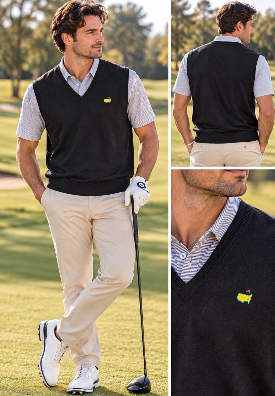 Bobby Jones Wool Sweater Vest Black Masters Golf Logo Size L Made in Italy